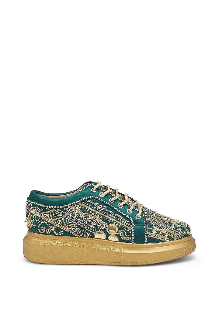 Green Satin Zari Embroidered Sneakers by Anaar at Pernia's Pop Up Shop