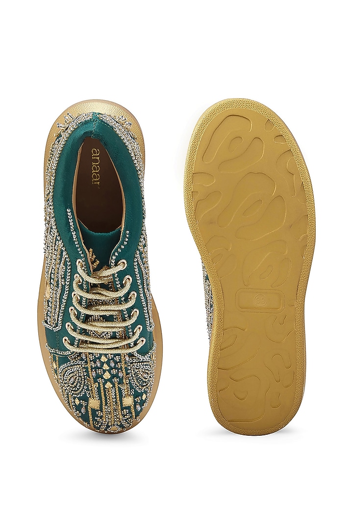 Green Satin Zari Embroidered Sneakers by Anaar at Pernia's Pop Up Shop