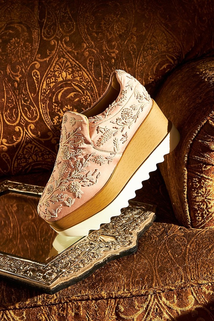 Pink Satin Cutdana Embroidered Sneakers by Anaar at Pernia's Pop Up Shop