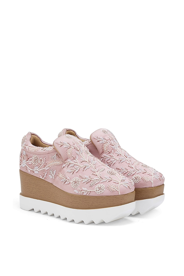 Pink Satin Cutdana Embroidered Sneakers by Anaar at Pernia's Pop Up Shop