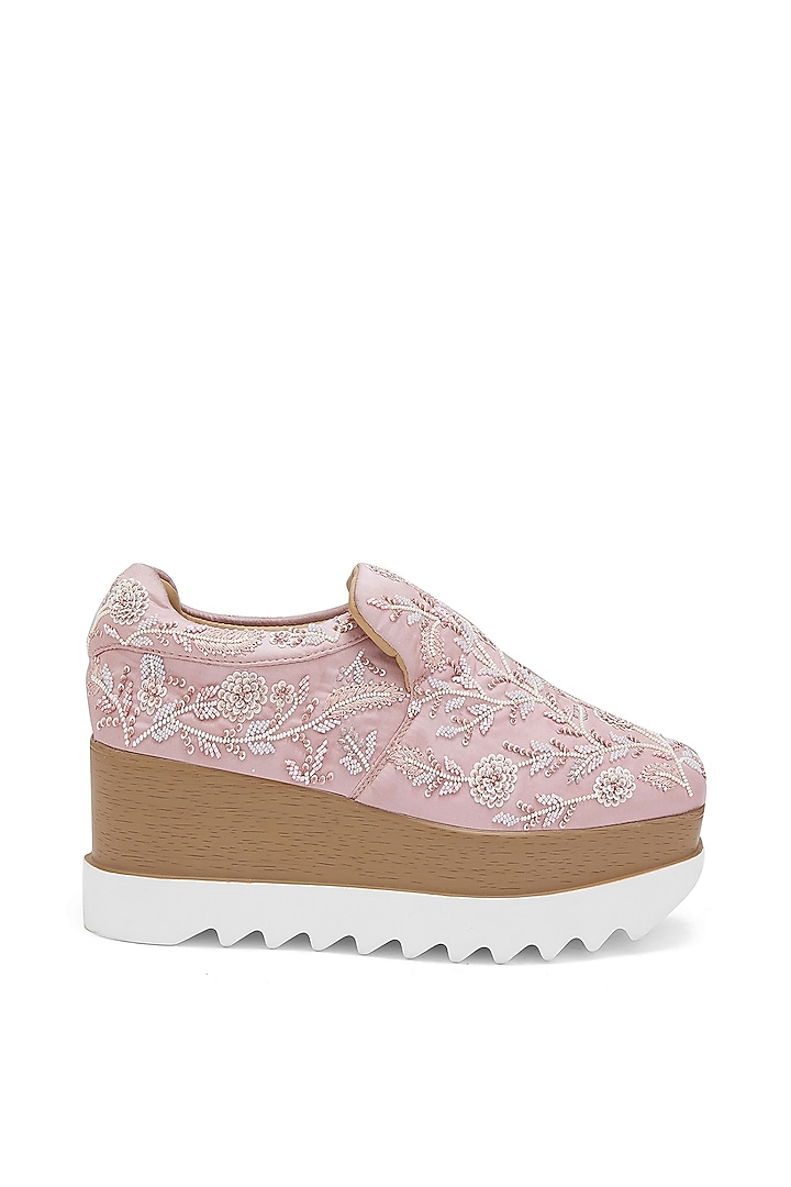 Pink Satin Cutdana Embroidered Sneakers by Anaar at Pernia's Pop Up Shop