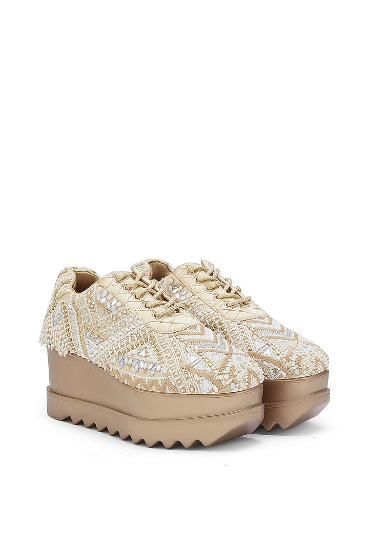 Off-White Satin Sequins Embroidered Sneakers by Anaar at Pernia's Pop Up Shop