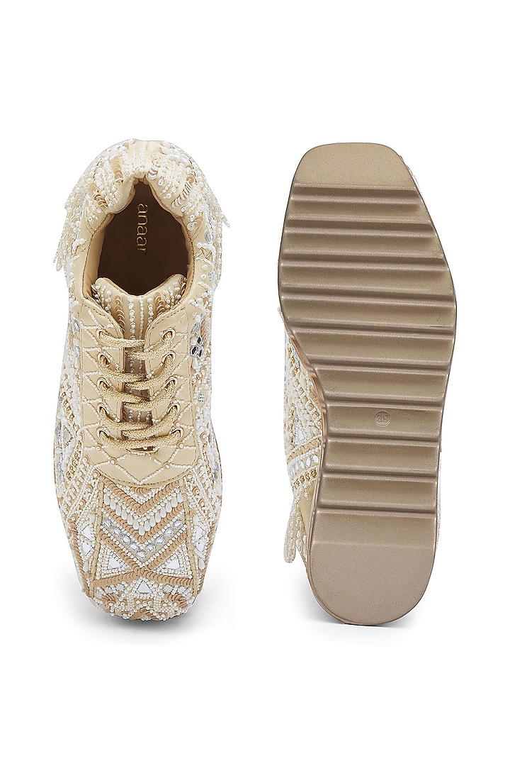 Off-White Satin Sequins Embroidered Sneakers by Anaar at Pernia's Pop Up Shop