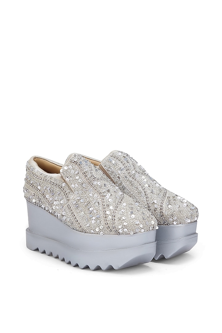 Silver Satin Cutdana Embroidered Sneakers by Anaar at Pernia's Pop Up Shop