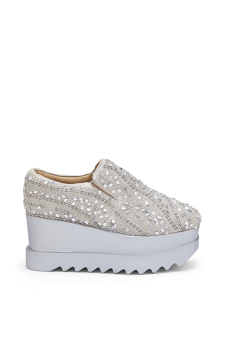 Silver Satin Cutdana Embroidered Sneakers by Anaar at Pernia's Pop Up Shop