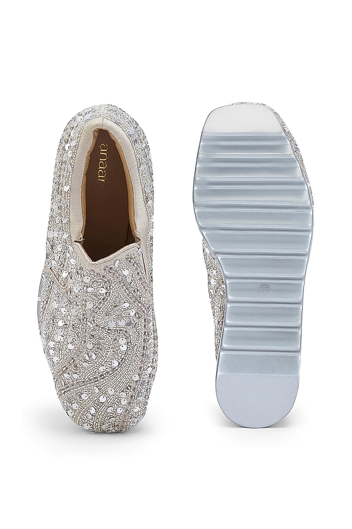 Silver Satin Cutdana Embroidered Sneakers by Anaar at Pernia's Pop Up Shop