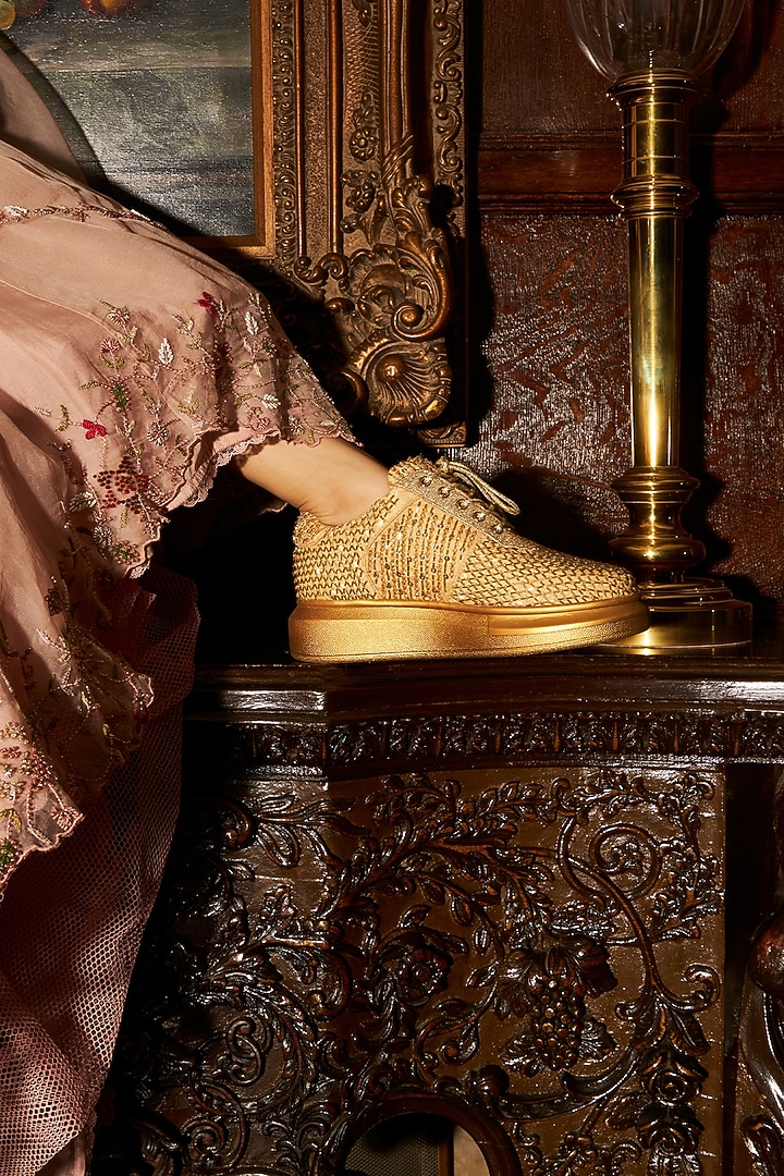 Gold Microsuede Sequins Embroidered Sneakers by Anaar at Pernia's Pop Up Shop