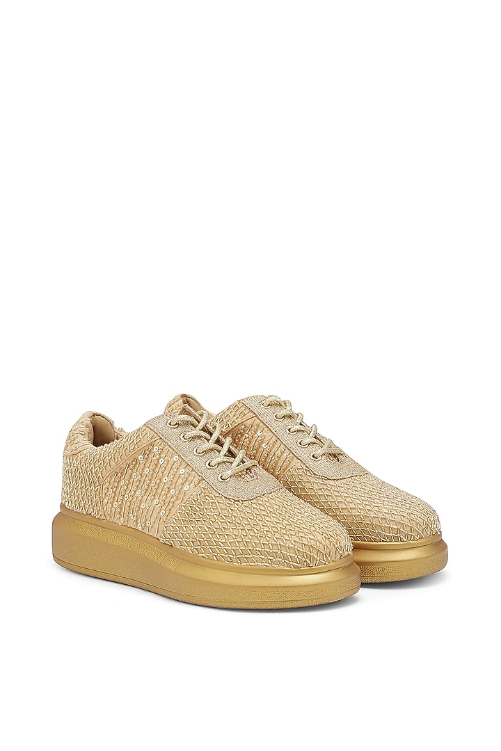 Gold Microsuede Sequins Embroidered Sneakers by Anaar at Pernia's Pop Up Shop