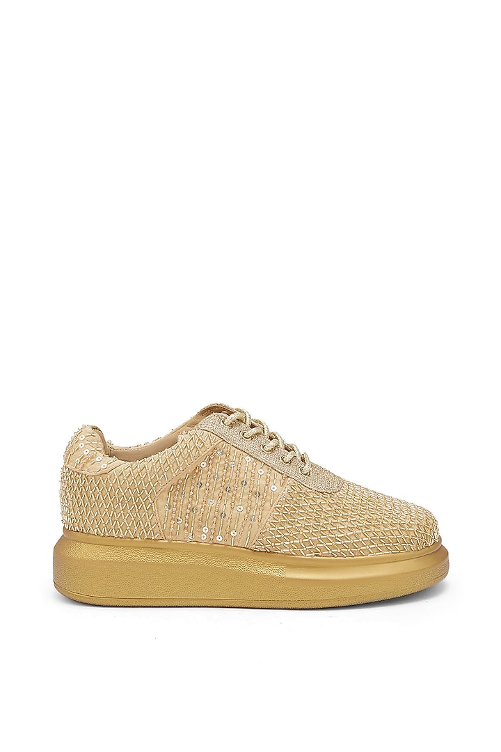 Gold Microsuede Sequins Embroidered Sneakers by Anaar at Pernia's Pop Up Shop