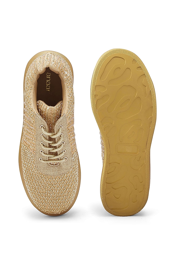 Gold Microsuede Sequins Embroidered Sneakers by Anaar at Pernia's Pop Up Shop
