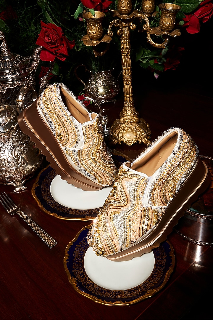 Gold Satin Sequins Embroidered Sneakers by Anaar at Pernia's Pop Up Shop