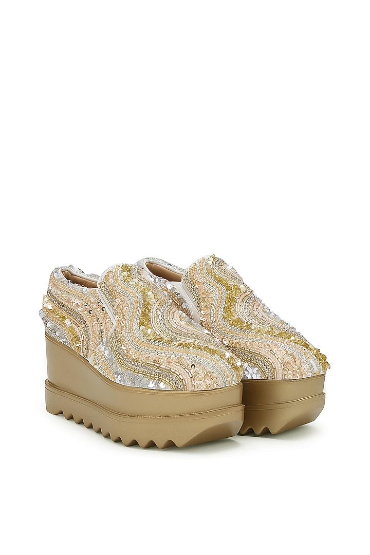 Gold Satin Sequins Embroidered Sneakers by Anaar at Pernia's Pop Up Shop
