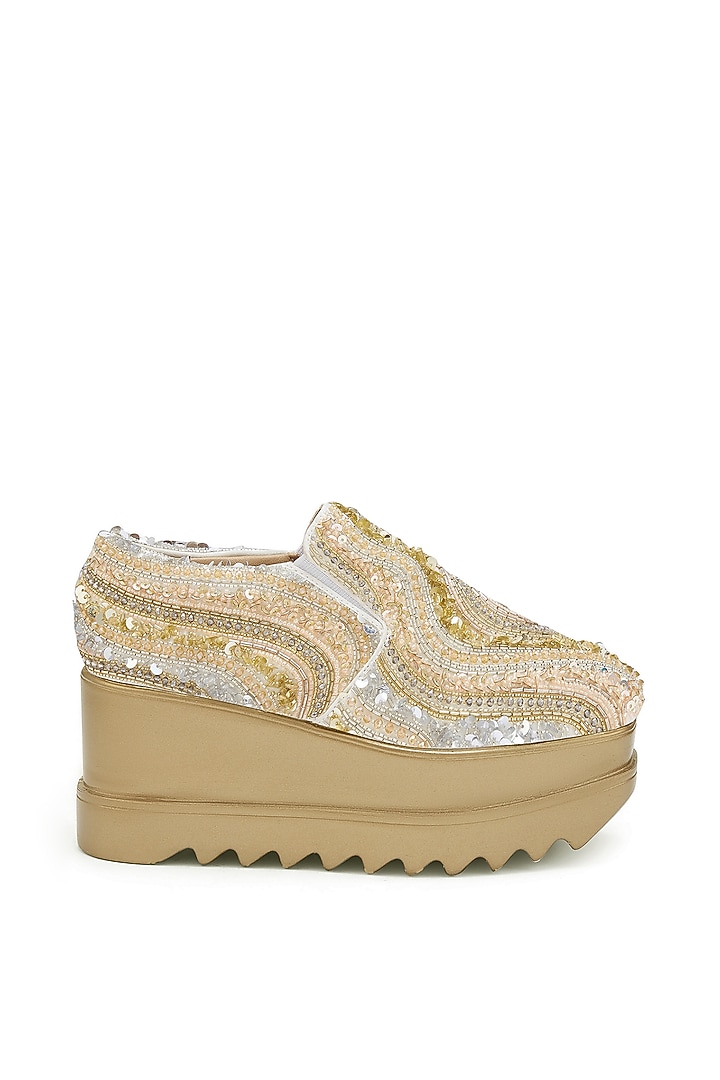 Gold Satin Sequins Embroidered Sneakers by Anaar at Pernia's Pop Up Shop