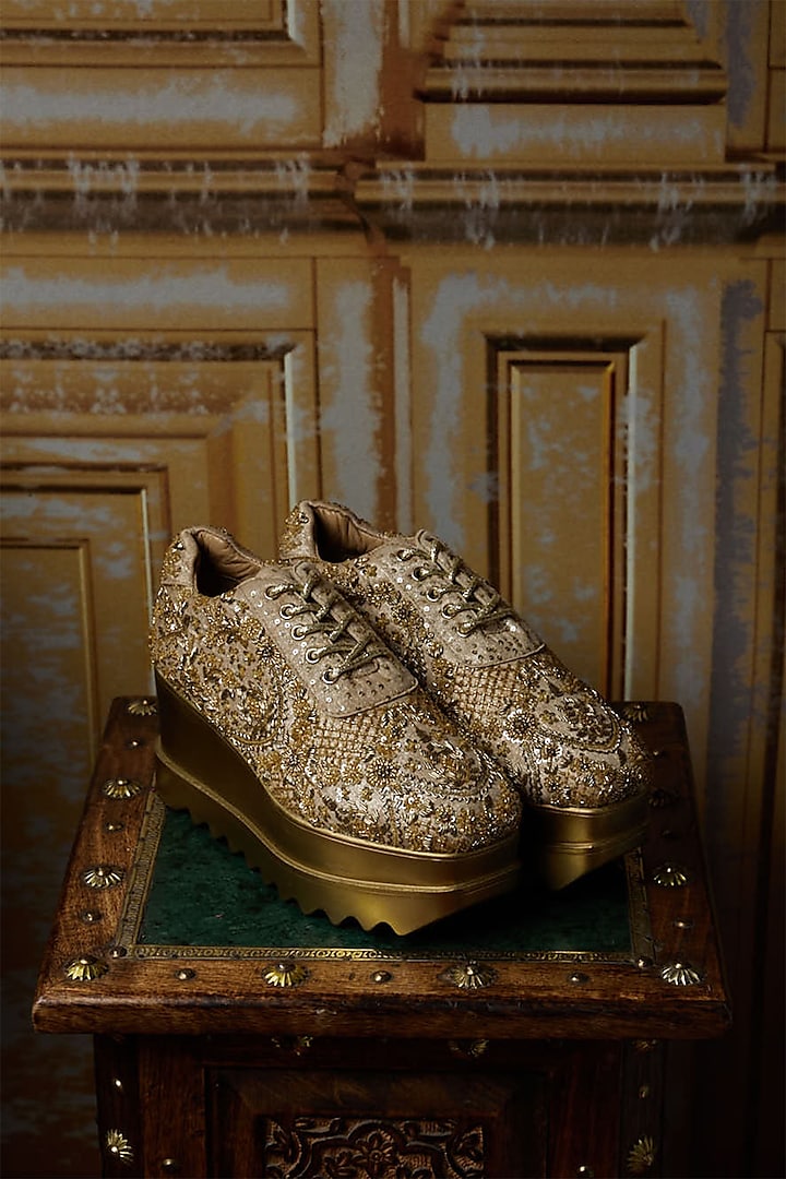 Gold Foiled Milano Satin Zardosi Hand Embroidered Wedge Sneakers by Anaar at Pernia's Pop Up Shop