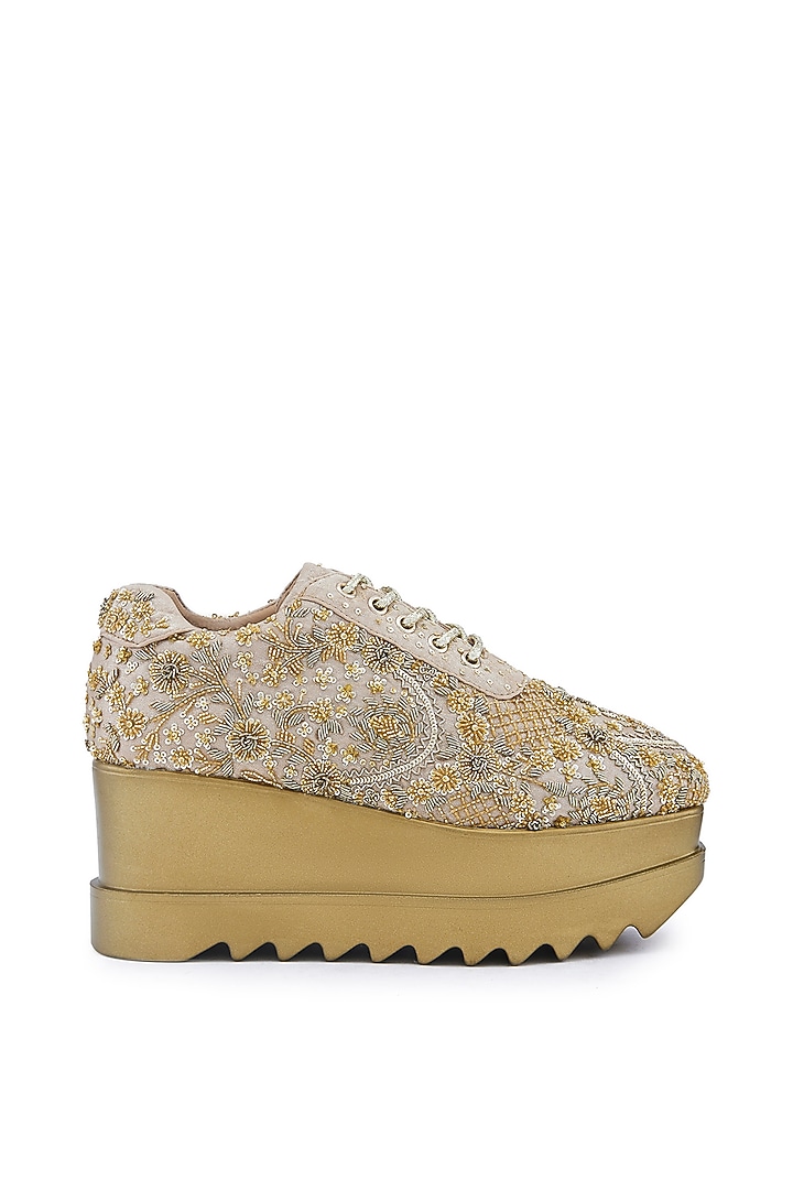 Gold Foiled Milano Satin Zardosi Hand Embroidered Wedge Sneakers by Anaar at Pernia's Pop Up Shop