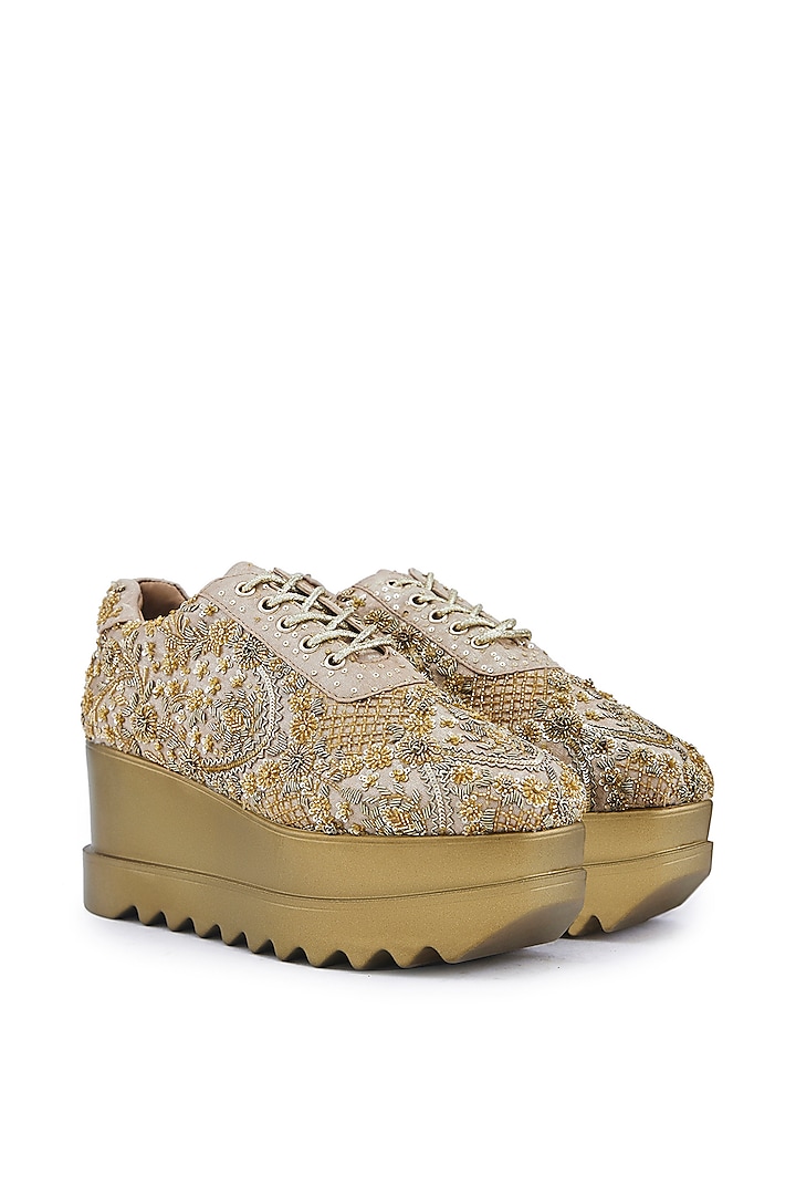 Gold Foiled Milano Satin Zardosi Hand Embroidered Wedge Sneakers by Anaar at Pernia's Pop Up Shop