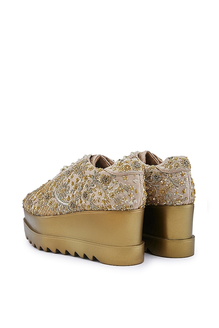 Gold Foiled Milano Satin Zardosi Hand Embroidered Wedge Sneakers by Anaar at Pernia's Pop Up Shop