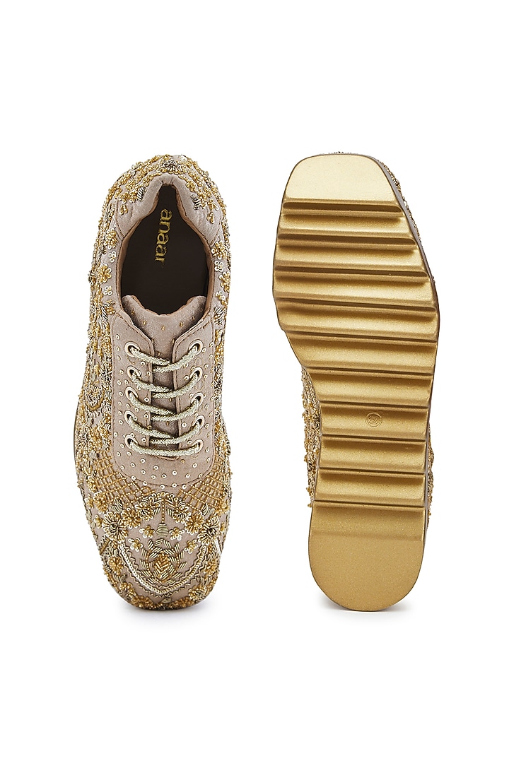 Gold Foiled Milano Satin Zardosi Hand Embroidered Wedge Sneakers by Anaar at Pernia's Pop Up Shop