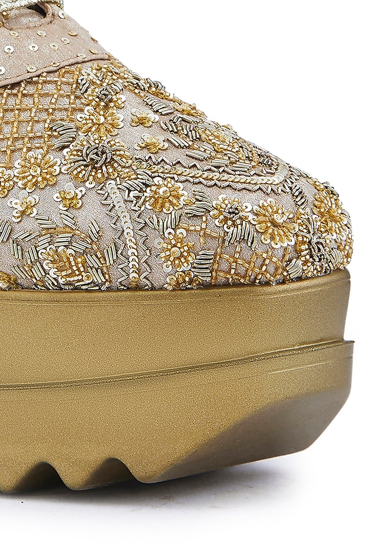 Gold Foiled Milano Satin Zardosi Hand Embroidered Wedge Sneakers by Anaar at Pernia's Pop Up Shop