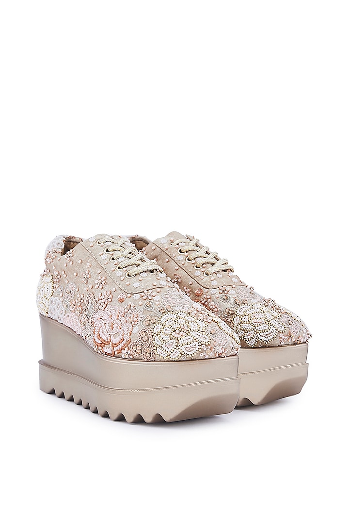 Rose Gold Foiled Milano Satin Sequins Hand Embroidered Wedge Sneakers by Anaar at Pernia's Pop Up Shop