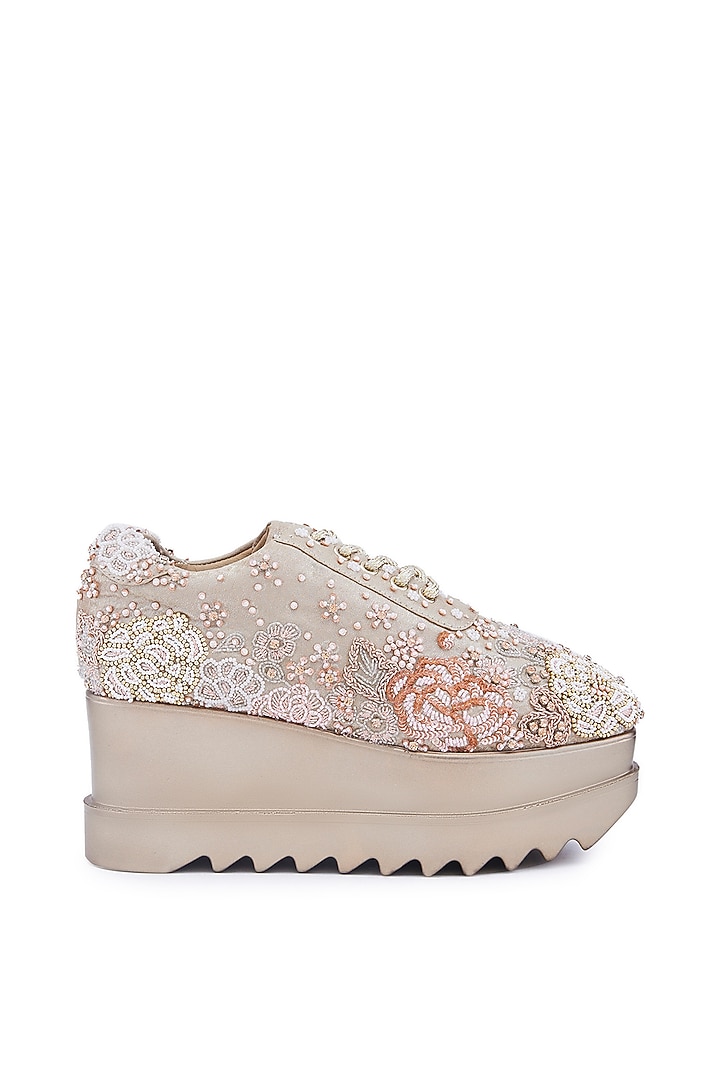 Rose Gold Foiled Milano Satin Sequins Hand Embroidered Wedge Sneakers by Anaar at Pernia's Pop Up Shop