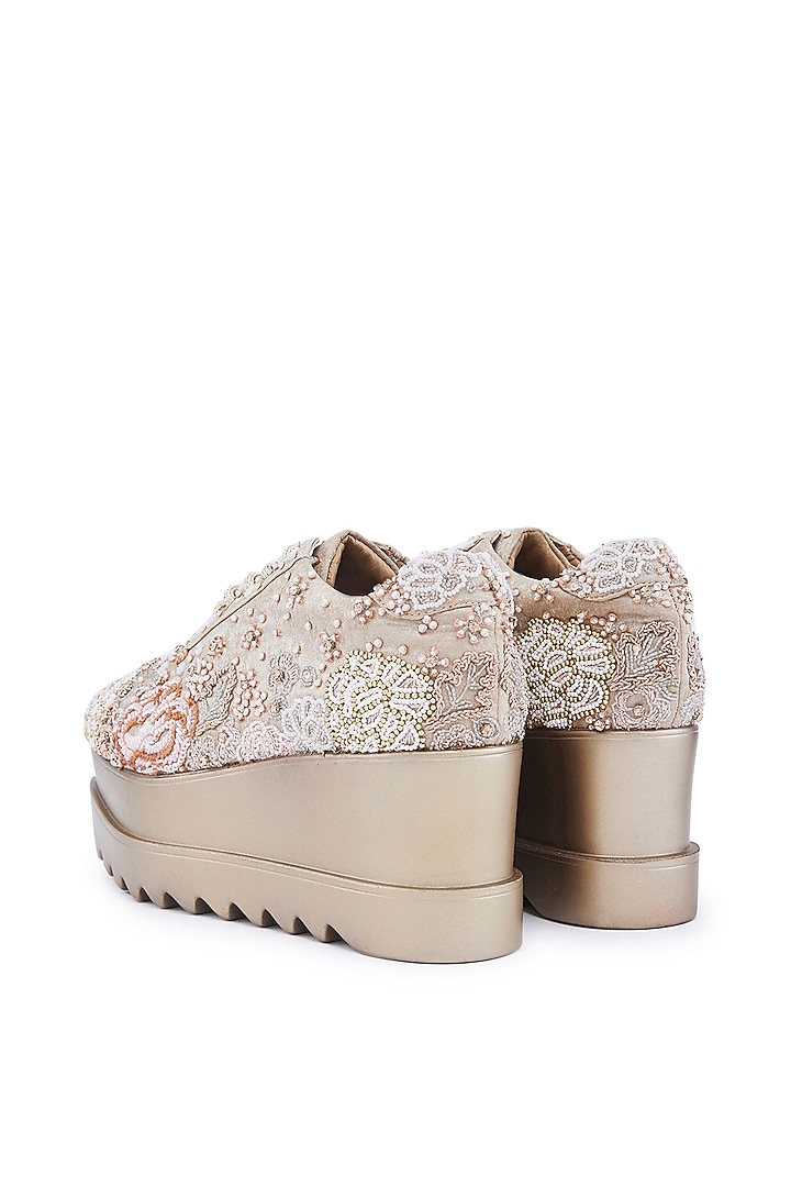 Rose Gold Foiled Milano Satin Sequins Hand Embroidered Wedge Sneakers by Anaar at Pernia's Pop Up Shop