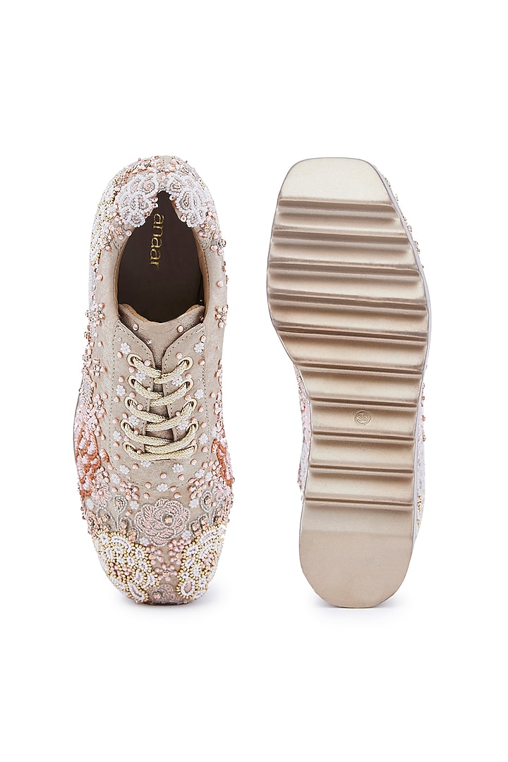 Rose Gold Foiled Milano Satin Sequins Hand Embroidered Wedge Sneakers by Anaar at Pernia's Pop Up Shop