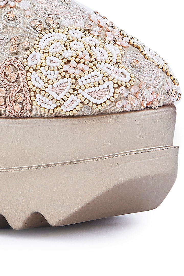 Rose Gold Foiled Milano Satin Sequins Hand Embroidered Wedge Sneakers by Anaar at Pernia's Pop Up Shop