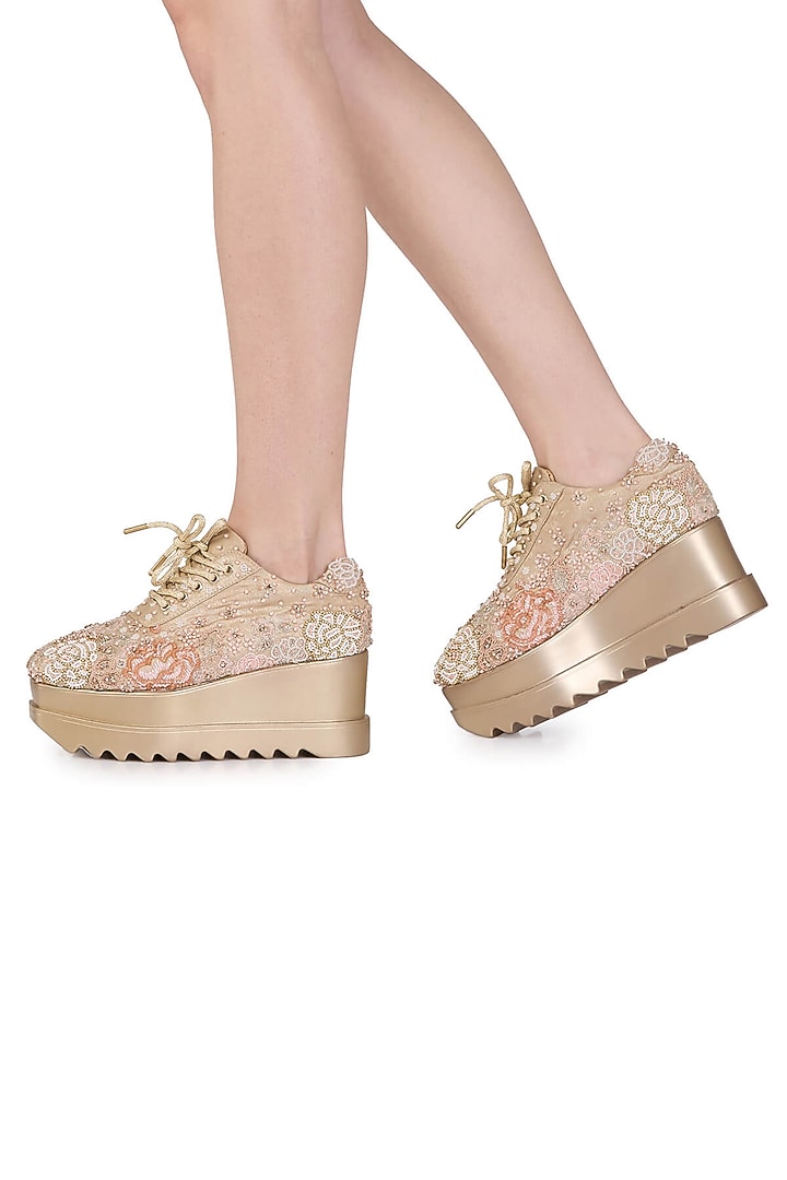 Rose Gold Foiled Milano Satin Sequins Hand Embroidered Wedge Sneakers by Anaar at Pernia's Pop Up Shop
