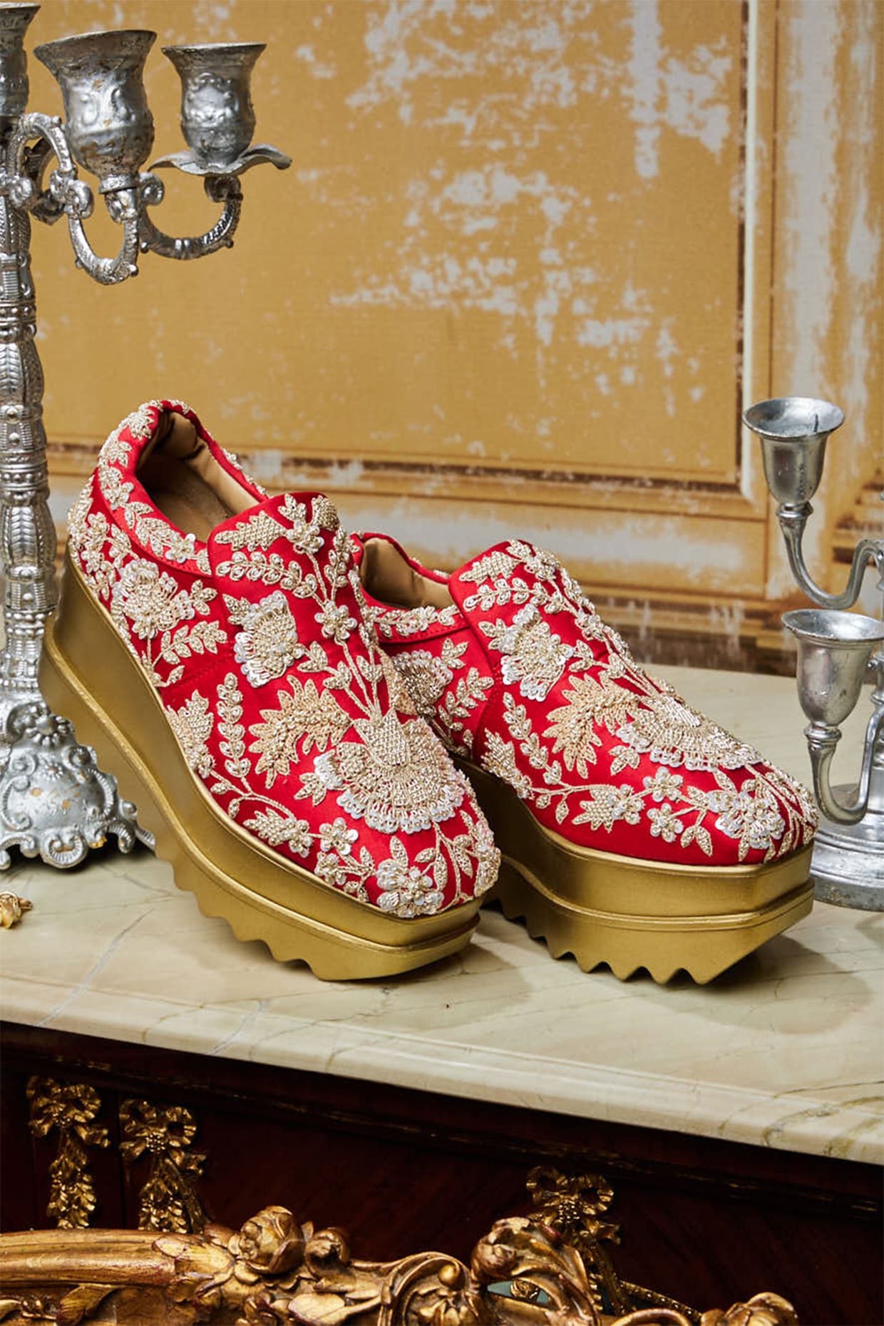 Red Satin Zardosi Hand Embroidered Wedge Sneakers by Anaar at Pernia s Pop Up Shop