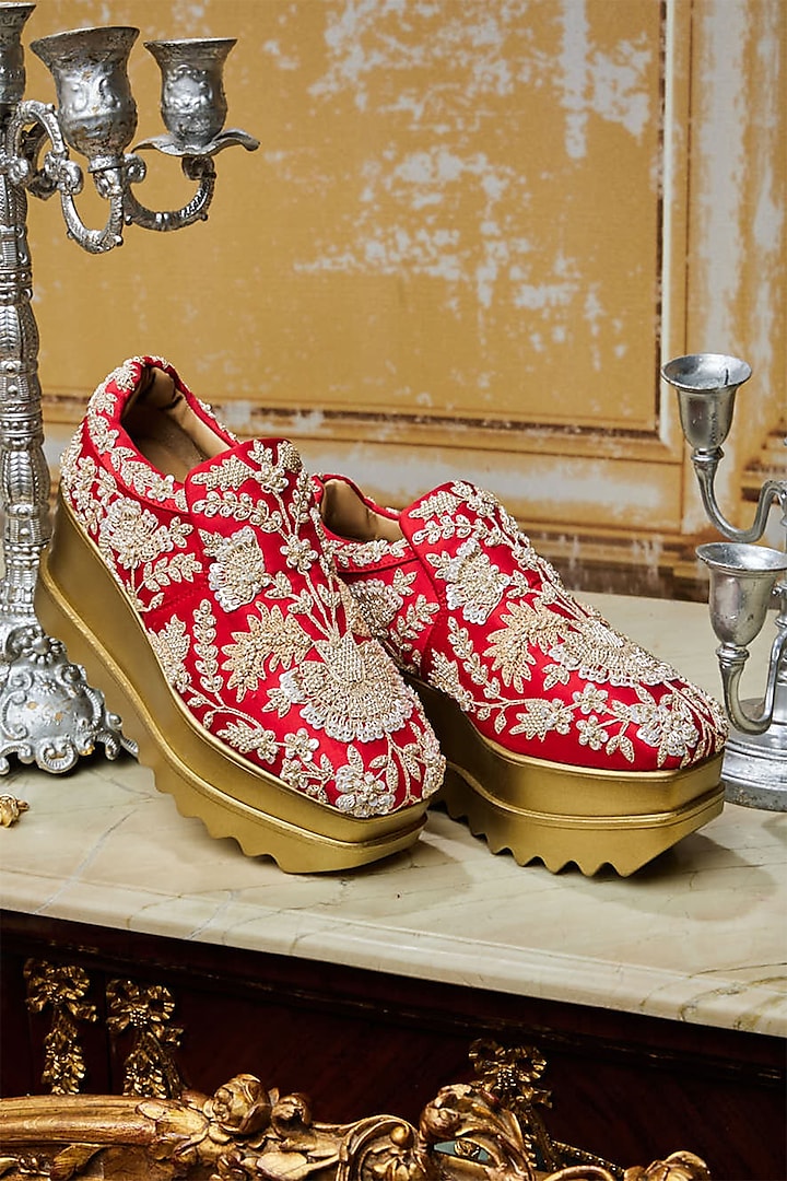 Red Satin Zardosi Hand Embroidered Wedge Sneakers by Anaar at Pernia's Pop Up Shop