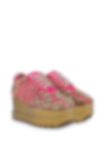 Pink Satin Zari Hand Embroidered Wedge Sneakers by Anaar at Pernia's Pop Up Shop