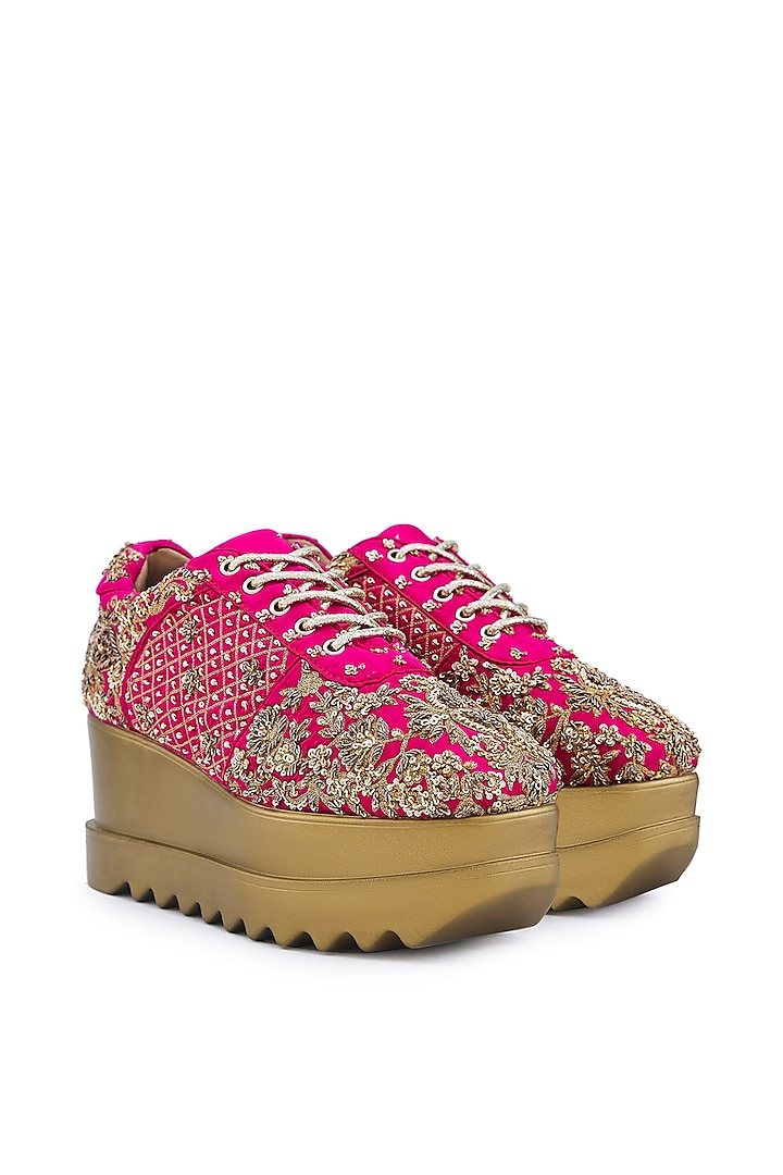 Pink Satin Zari Hand Embroidered Wedge Sneakers by Anaar at Pernia's Pop Up Shop