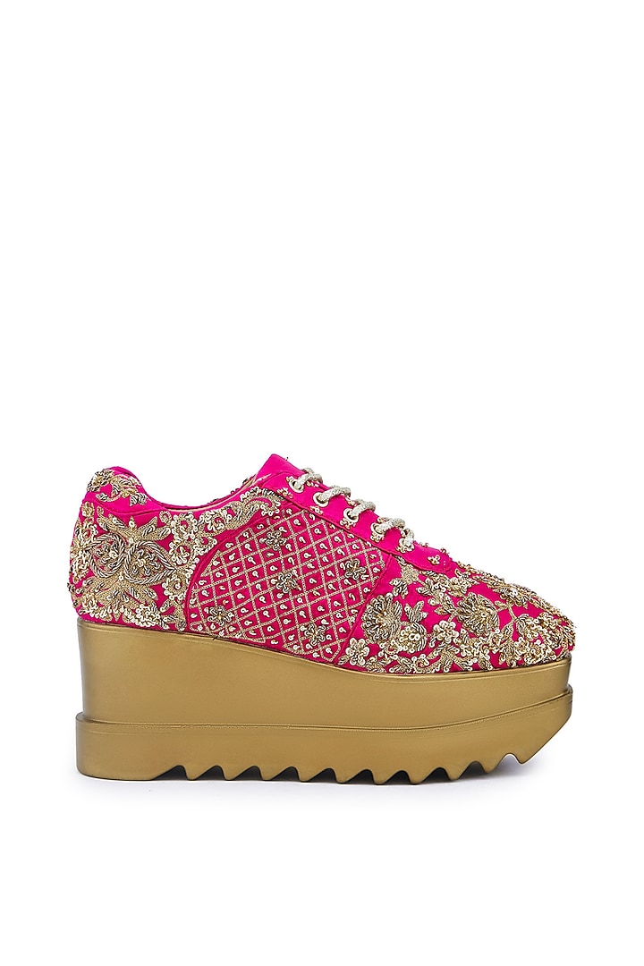 Pink Satin Zari Hand Embroidered Wedge Sneakers by Anaar at Pernia's Pop Up Shop