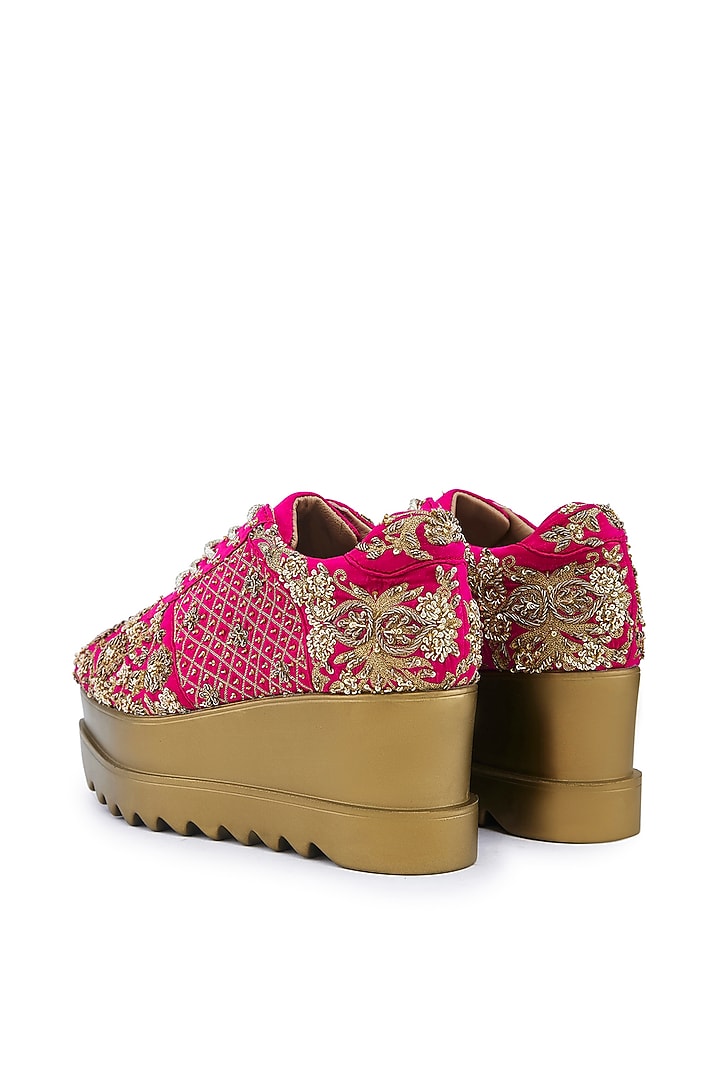 Pink Satin Zari Hand Embroidered Wedge Sneakers by Anaar at Pernia's Pop Up Shop