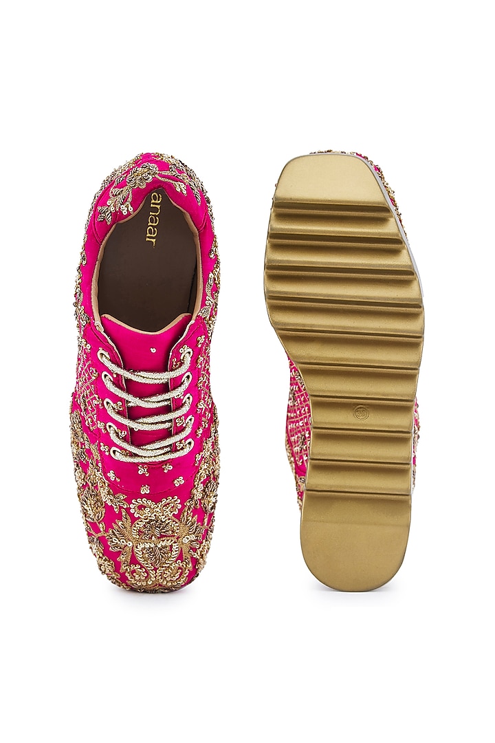 Pink Satin Zari Hand Embroidered Wedge Sneakers by Anaar at Pernia's Pop Up Shop