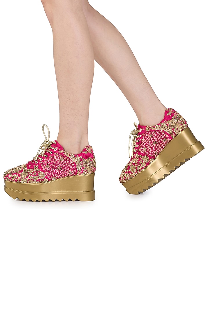 Pink Satin Zari Hand Embroidered Wedge Sneakers by Anaar at Pernia's Pop Up Shop