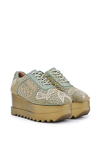 Mint Green Satin Hand Embroidered Wedge Sneakers by Anaar at Pernia's Pop Up Shop