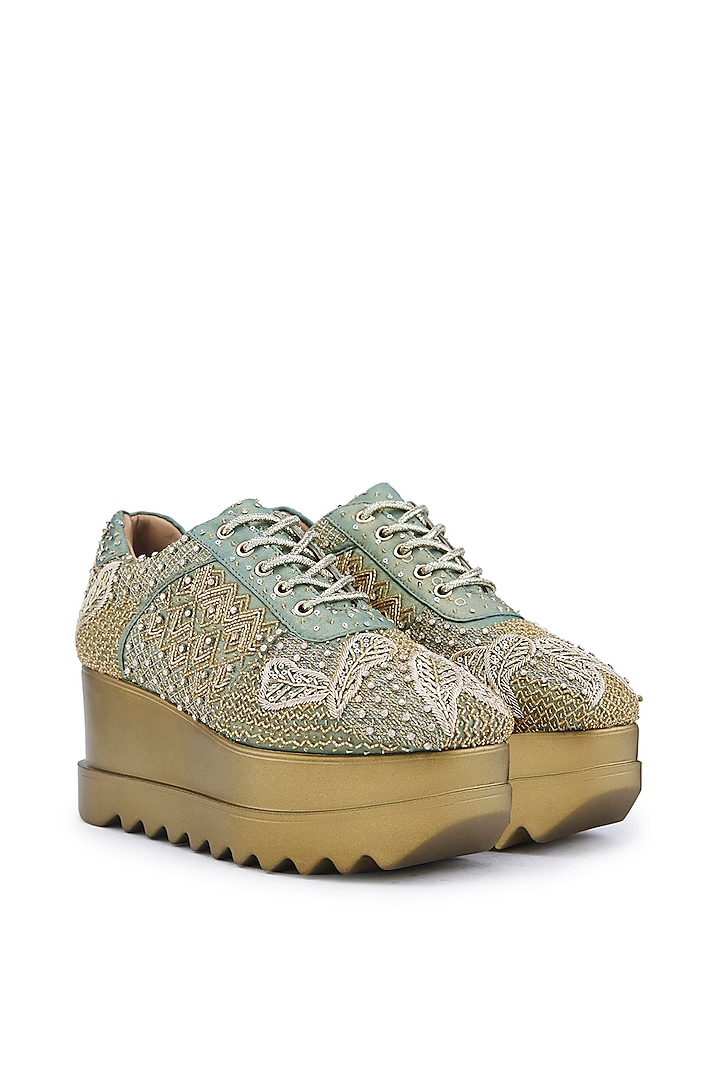 Mint Green Satin Hand Embroidered Wedge Sneakers by Anaar at Pernia's Pop Up Shop