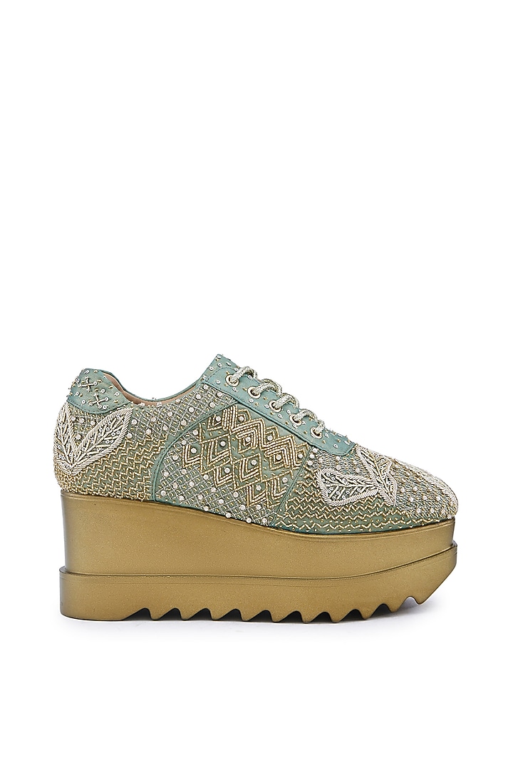 Mint Green Satin Hand Embroidered Wedge Sneakers by Anaar at Pernia's Pop Up Shop