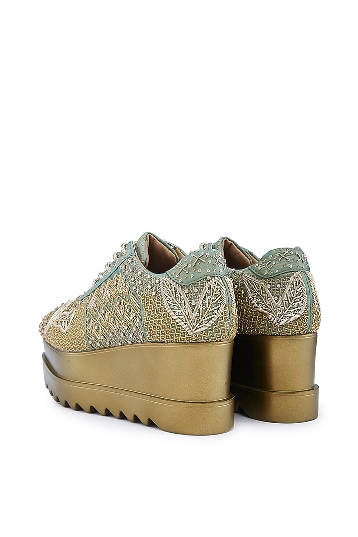 Mint Green Satin Hand Embroidered Wedge Sneakers by Anaar at Pernia's Pop Up Shop