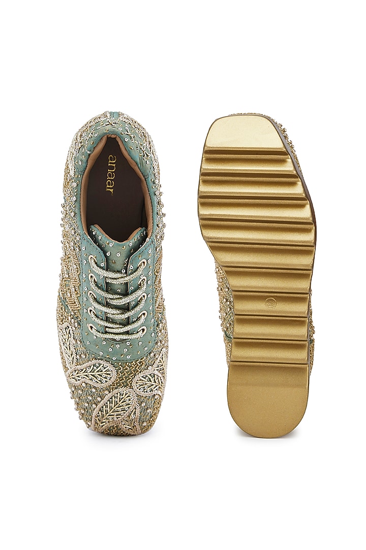 Mint Green Satin Hand Embroidered Wedge Sneakers by Anaar at Pernia's Pop Up Shop