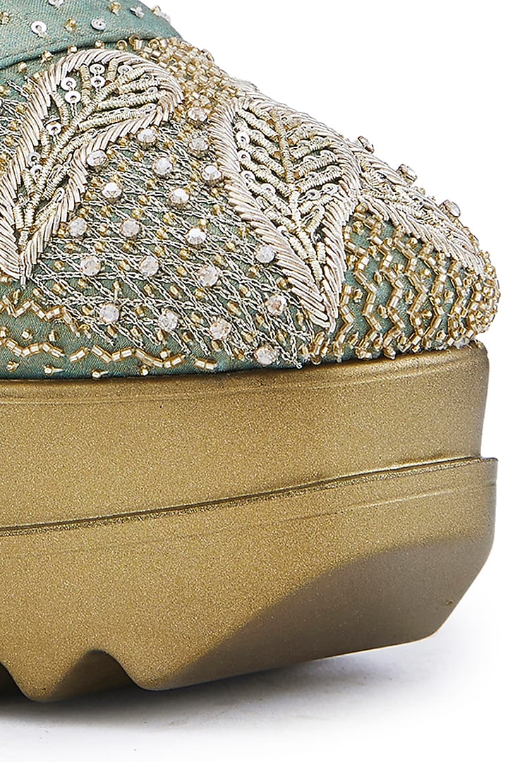 Mint Green Satin Hand Embroidered Wedge Sneakers by Anaar at Pernia's Pop Up Shop