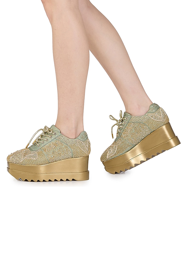 Mint Green Satin Hand Embroidered Wedge Sneakers by Anaar at Pernia's Pop Up Shop