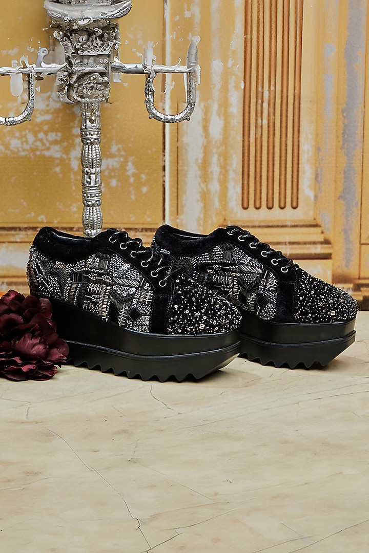 Black Velvet Gunmetal Cutdana Hand Embroidered Wedge Sneakers by Anaar at Pernia's Pop Up Shop