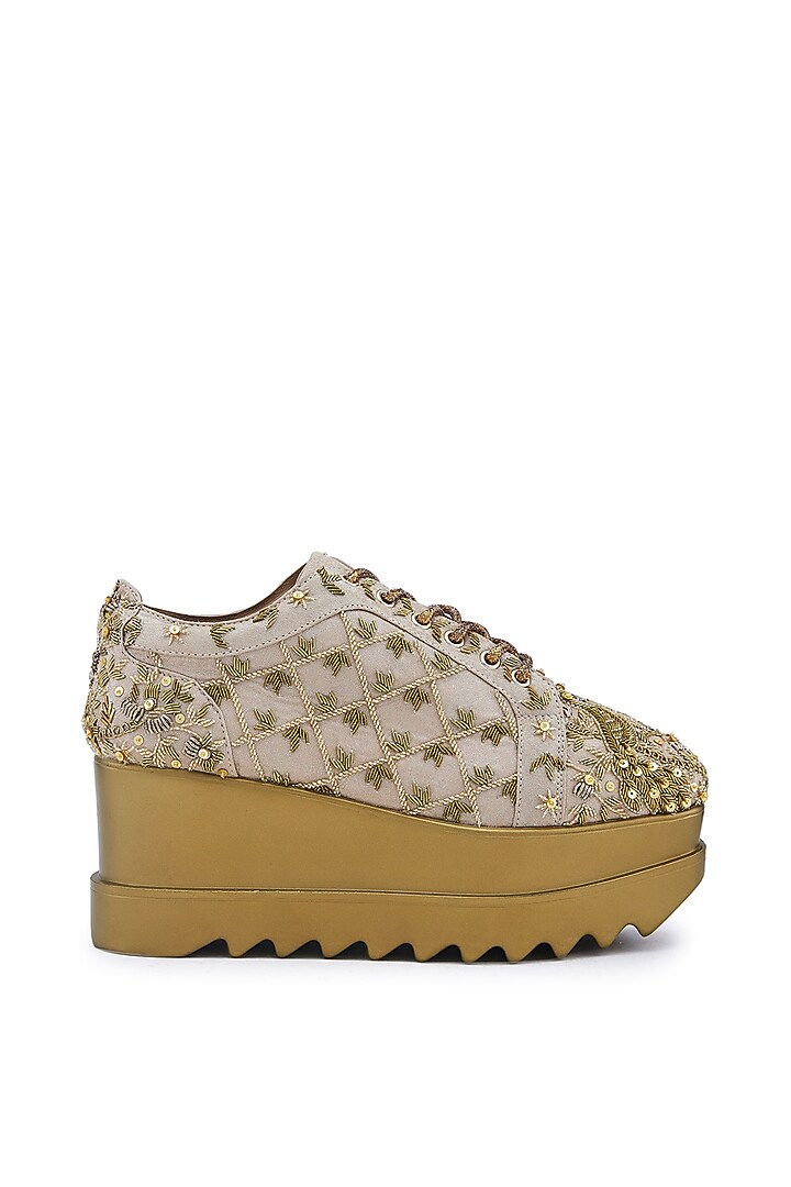 Gold Foiled Milano Satin Cutdana Hand Embroidered Wedge Sneakers by Anaar at Pernia's Pop Up Shop
