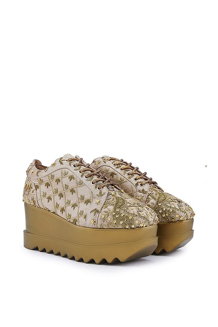 Gold Foiled Milano Satin Cutdana Hand Embroidered Wedge Sneakers by Anaar at Pernia's Pop Up Shop
