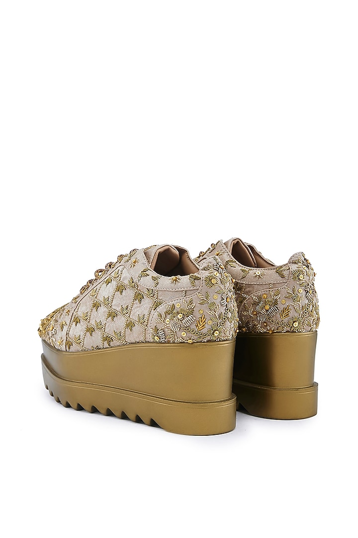 Gold Foiled Milano Satin Cutdana Hand Embroidered Wedge Sneakers by Anaar at Pernia's Pop Up Shop