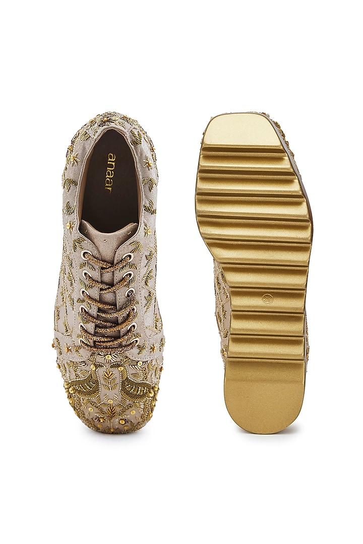 Gold Foiled Milano Satin Cutdana Hand Embroidered Wedge Sneakers by Anaar at Pernia's Pop Up Shop