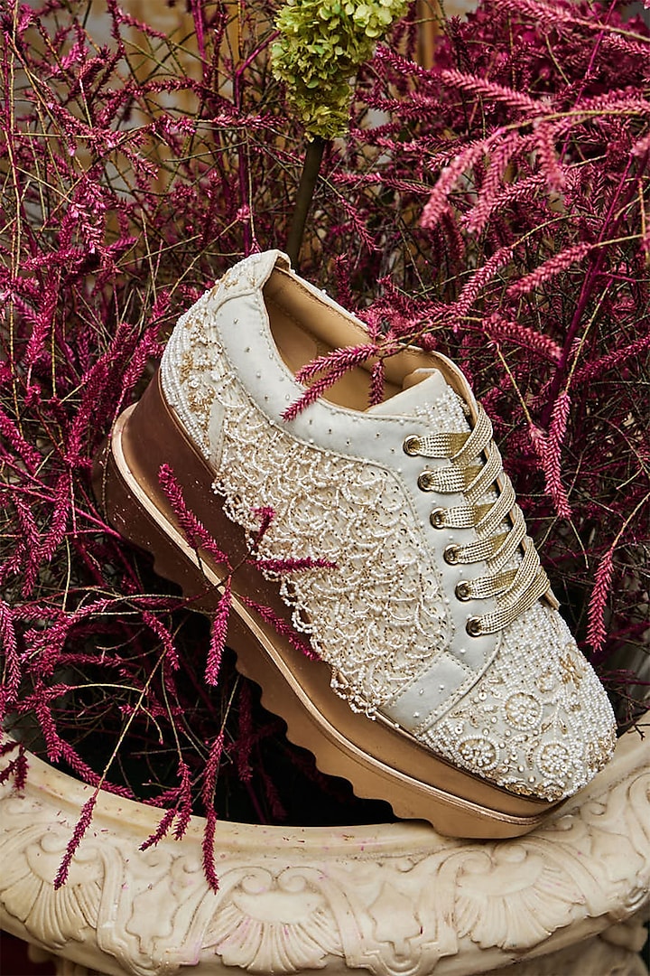 White Foiled Milano Satin & Georgette Resham Hand Embroidered Wedge Sneakers by Anaar at Pernia's Pop Up Shop